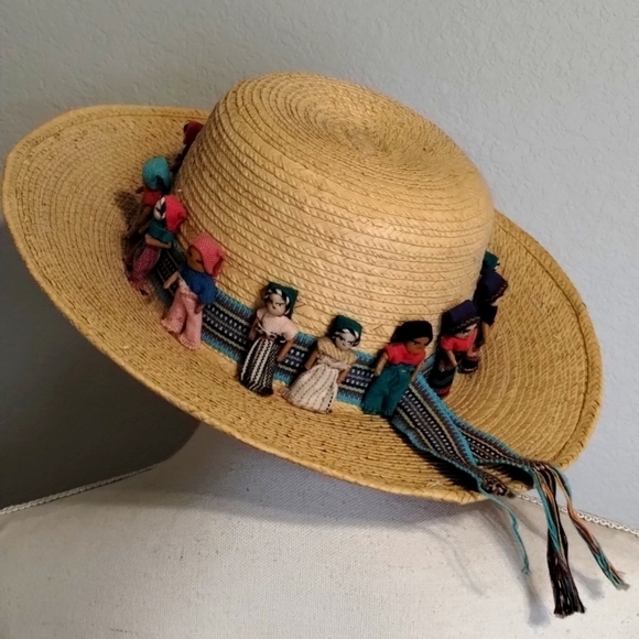 Hand Stitched Hat Band on Pine Needle Sun Hat With Tiny People - Picture 1 of 9